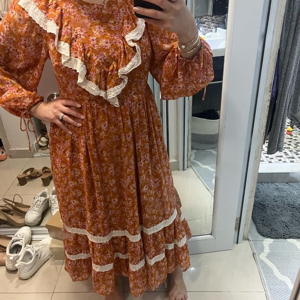 Floral Orange Dress with Lace Trim